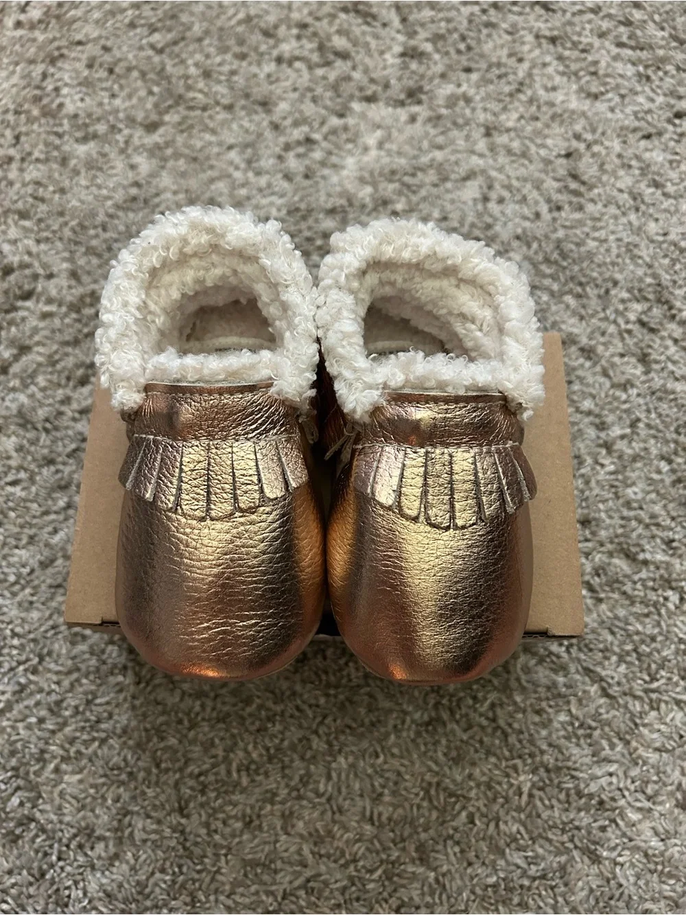 Baby Metallic Rose Gold Sherpa Moccasin Slippers